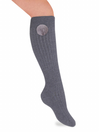 Meias altas caneladas com pompom Grey