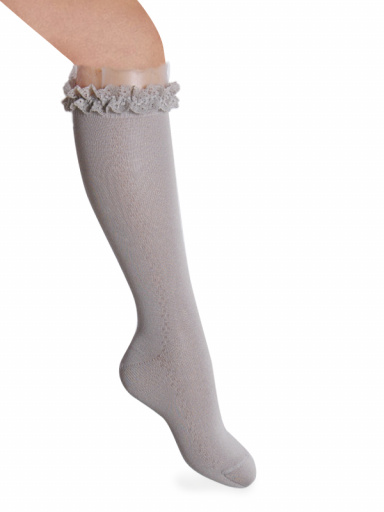 Meias altas vazadas com renda e tule Pearl