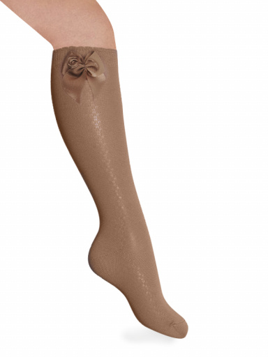 Meias altas abertas laterais com laço com rosa Camel