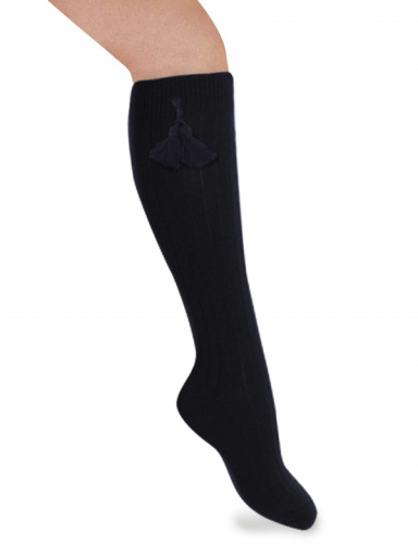 Meias caneladas altas com borlas Navyblue