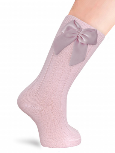 Meias caneladas altas com laço de cetim volumoso Pink