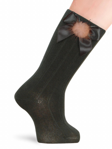 Calcetines altos canalé con lazo de raso y pompón Bottle