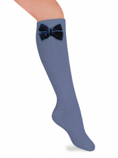 Meias caneladas altas com laço de veludo Bluefrance