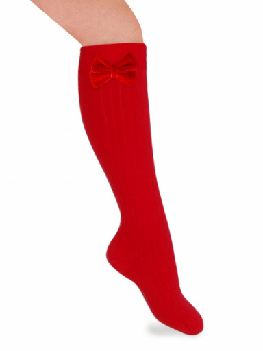 Meias caneladas altas com laço de veludo Red
