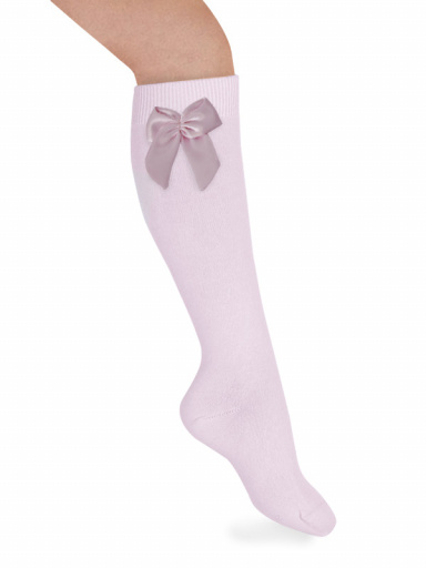 Meias altas lisas com laço de cetim volumoso Pink