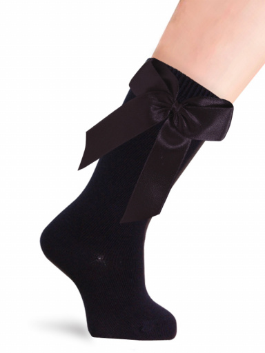 Meias altas lisas com laço de cetim longo Navyblue