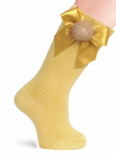 Calcetines altos lisos con lazo de raso y pompón Mustard