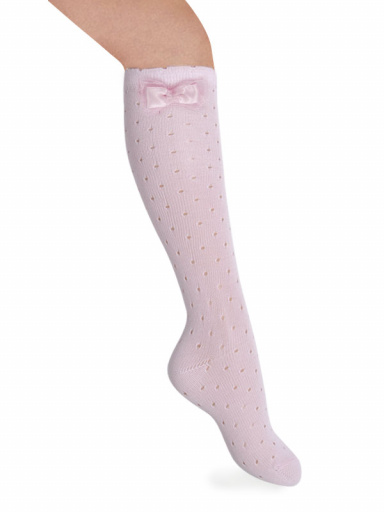 Meias perle plumeti alto aberto com laço de tule Pink