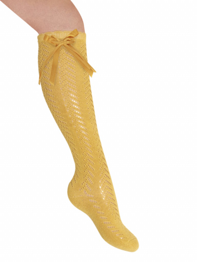 Meias Perle openwork na altura do joelho com laço longo de cetim Mustard