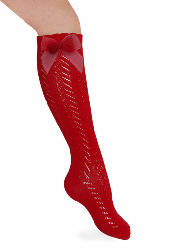 Meias altas perle vazadas com laço de tule Red