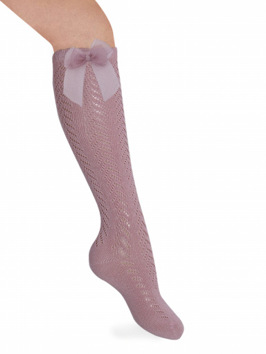 Meias altas perle vazadas com laço de tule Rosewood