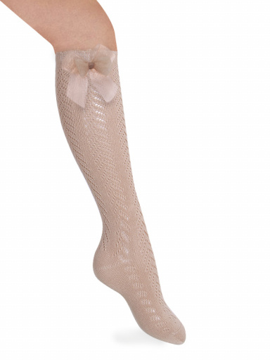 Meias altas perle vazadas com laço de tule Peanut