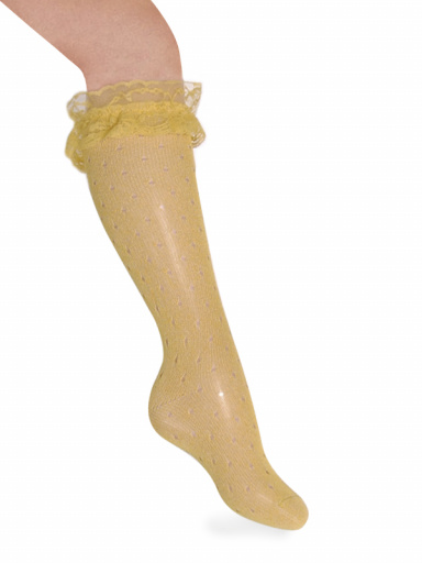Meias perlé altas vazadas com renda Mustard