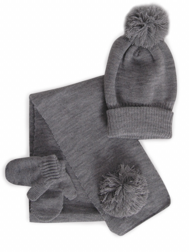 Chapéu, cachecol e luvas com pompom de fios (1-2 anos) Grey