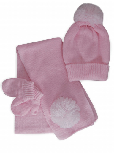 Chapéu, cachecol e luvas com pompom de fios (1-2 anos) Pink