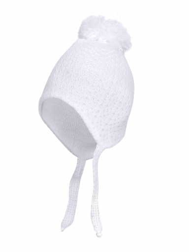 Chapéu de bebê vazado com abas de orelha e pompom (0-12 meses) White