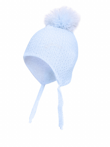 Chapéu de bebê vazado com abas de orelha e pompom (0-12 meses) Lightblue