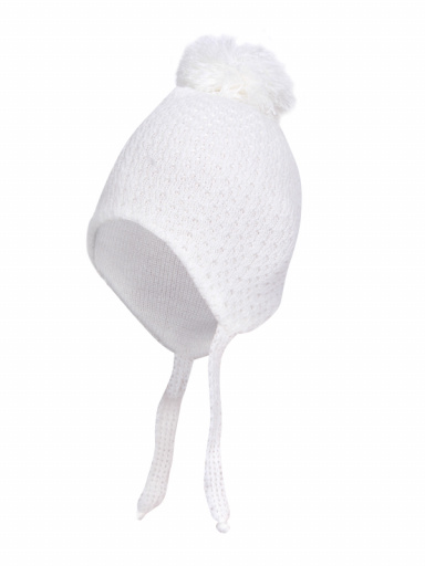 Chapéu de bebê vazado com abas de orelha e pompom (0-12 meses) Crude