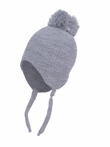 Chapéu de bebê vazado com abas de orelha e pompom (0-12 meses) Grey