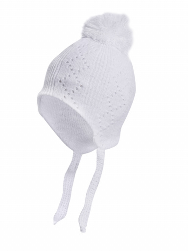 Chapéu de diamante para bebê com abas de orelha e pompom (0-12 meses) White