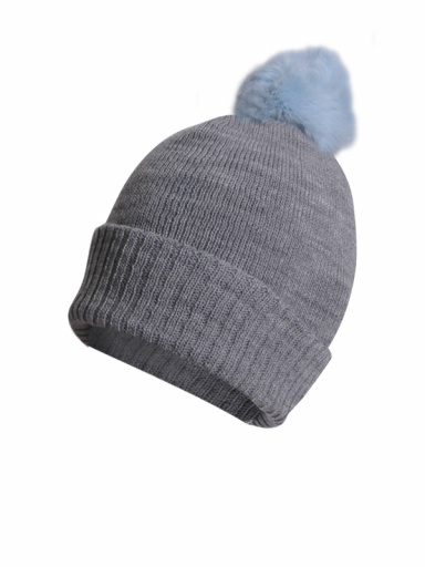 Gorro liso con pompón pelo (1-4 años) Grey-Lightblue