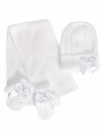 Chapéu, cachecol e luvas com laço duplo (1-2 anos) White