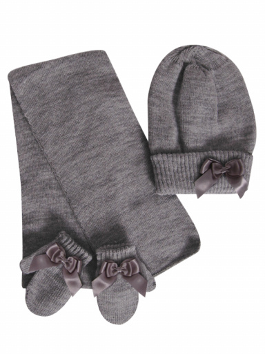 Chapéu, cachecol e luvas com laço duplo (1-2 anos) Grey