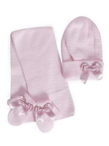 Chapéu, cachecol e luvas com laço duplo (1-2 anos) Pink