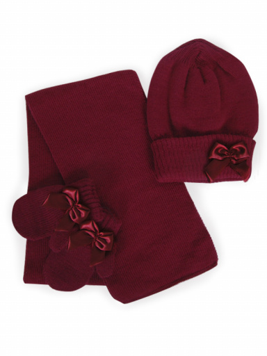 Chapéu, cachecol e luvas com laço de volume (1-2 anos) Maroon