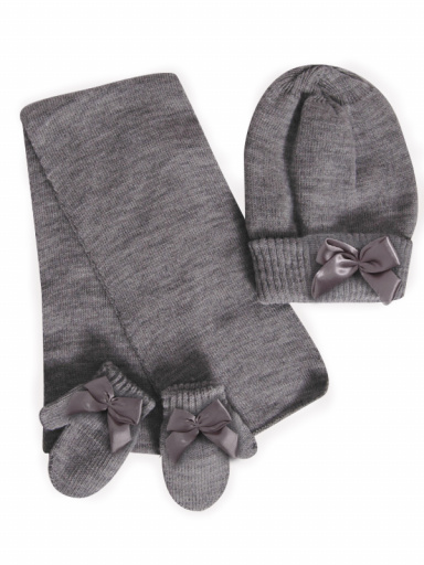 Chapéu, cachecol e luvas com laço de volume (1-2 anos) Grey