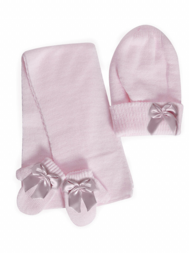 Chapéu, cachecol e luvas com laço de volume (1-2 anos) Pink