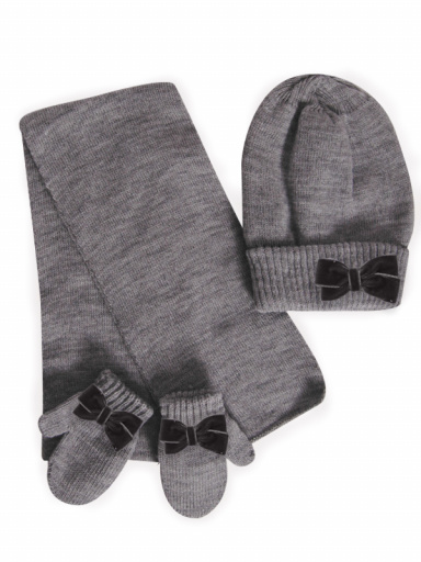 Chapéu, cachecol e luvas com laço de veludo (1-2 anos) Grey