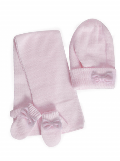 Chapéu, cachecol e luvas com laço de veludo (1-2 anos) Pink