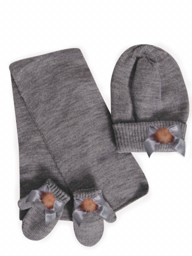 Chapéu, cachecol e luvas com laço e pom pom (1-2 anos) Grey