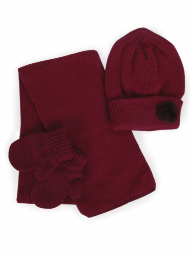 Chapéu com cachecol e luvas com pom pom (1-2 anos) Maroon