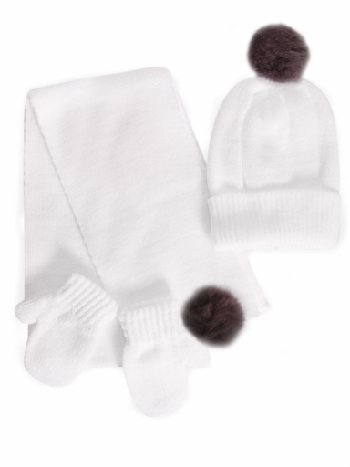 Chapéu, cachecol e luvas com pompom de pelo (1-2 anos) White