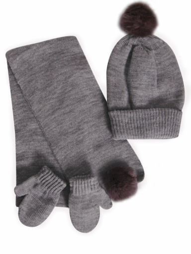Chapéu, cachecol e luvas com pompom de pelo (1-2 anos) Grey