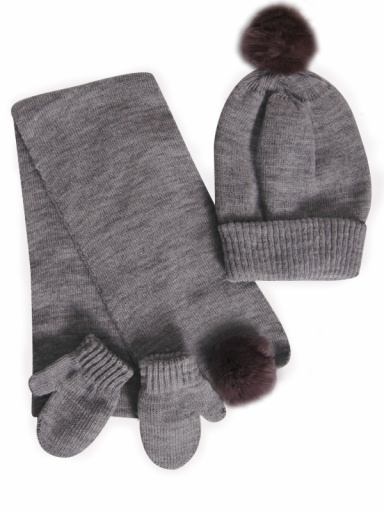 Chapéu, cachecol e luvas com pompom de pelo (1-2 anos) Grey