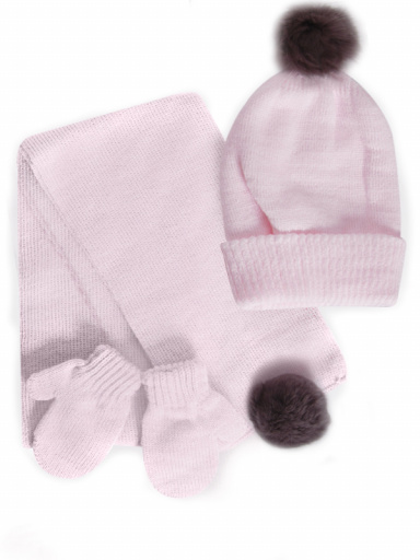 Chapéu, cachecol e luvas com pompom de pelo (1-2 anos) Pink