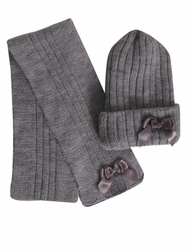 Chapéu e cachecol com canelado de laço duplo (3-8 anos) Grey