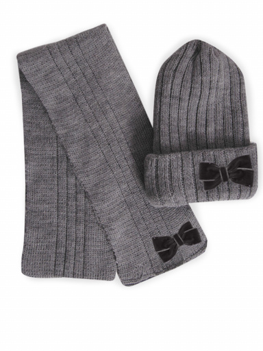 Chapéu e cachecol com canelado com laço de veludo (3-8 anos) Grey