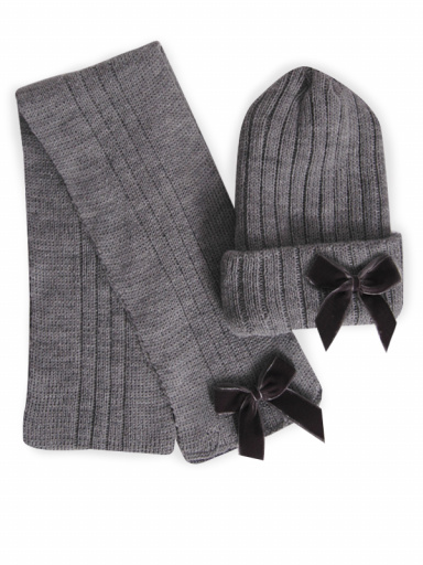 Chapéu e cachecol com canelado e laço longo de veludo (3-8 anos) Grey