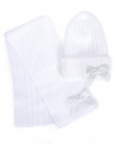 Chapéu e cachecol com canelado e laço longo de veludo (3-8 anos) White
