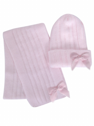 Chapéu e cachecol com canelado e laço longo de veludo (3-8 anos) Pink