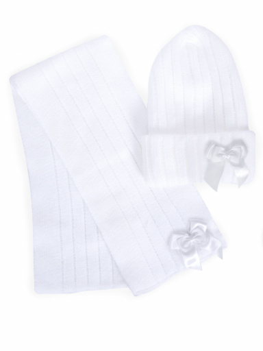 Chapéu e cachecol com canelado de laço duplo (3-8 anos) White