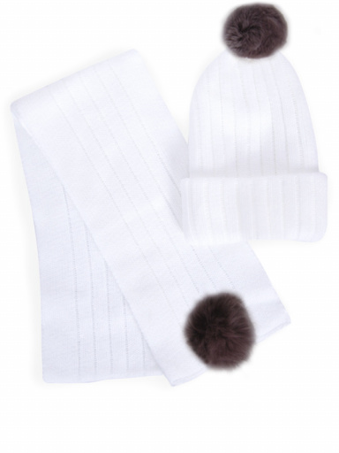 Gorro e cachecol canelado com pompom de pele (3-8 anos) White