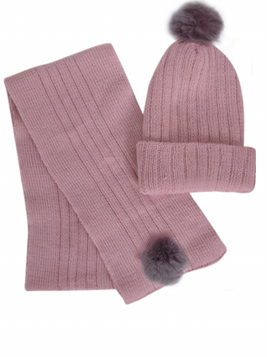 Gorro e cachecol canelado com pompom de pele (3-8 anos) Rosewood