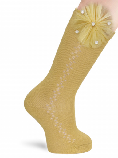 Meias Altas Perle com flor de tule e pérolas Mustard