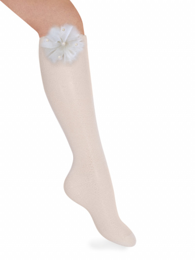 Meias Altas Perle com flor de tule e pérolas Papyrus
